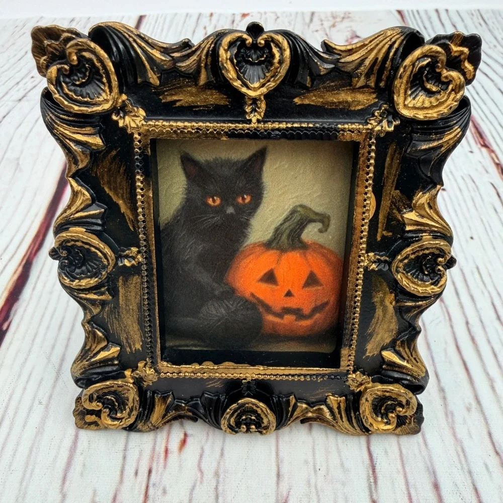 Vintage Black Cat Pumpkin Halloween Decoupage Art Ornate Gold Black Resin Frame
